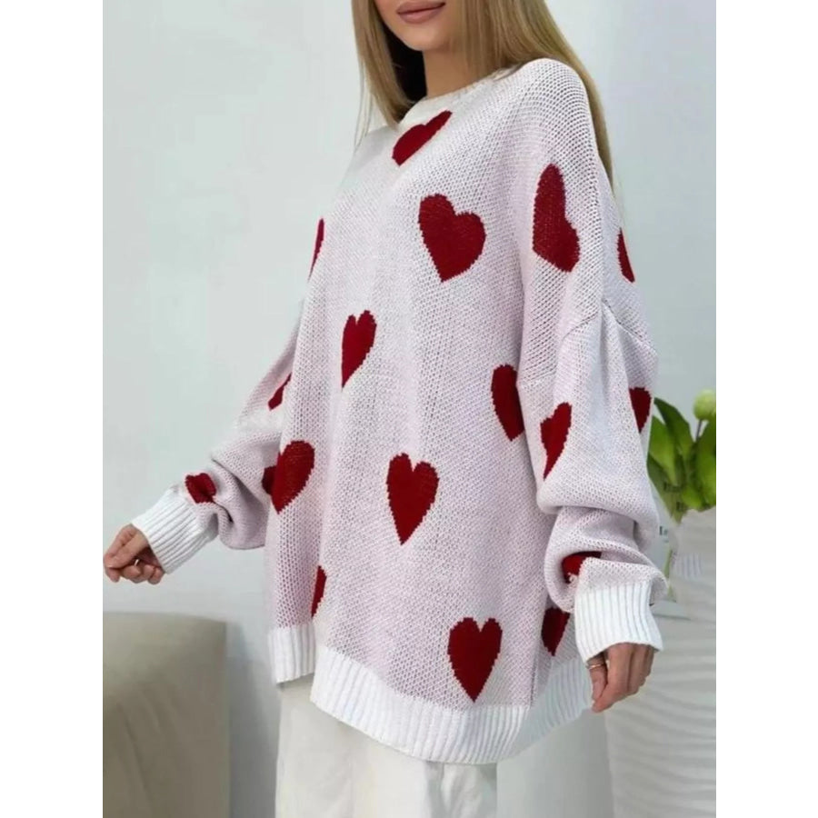 Heart Round Neck Oversized Knit Sweater Apparel and Accessories