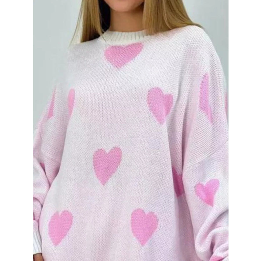 Heart Round Neck Oversized Knit Sweater Apparel and Accessories