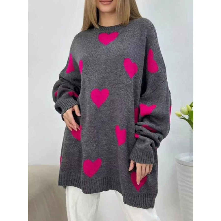 Heart Round Neck Oversized Knit Sweater Apparel and Accessories
