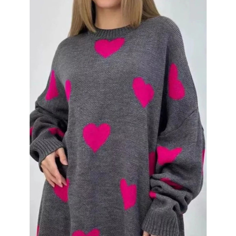 Heart Round Neck Oversized Knit Sweater Apparel and Accessories