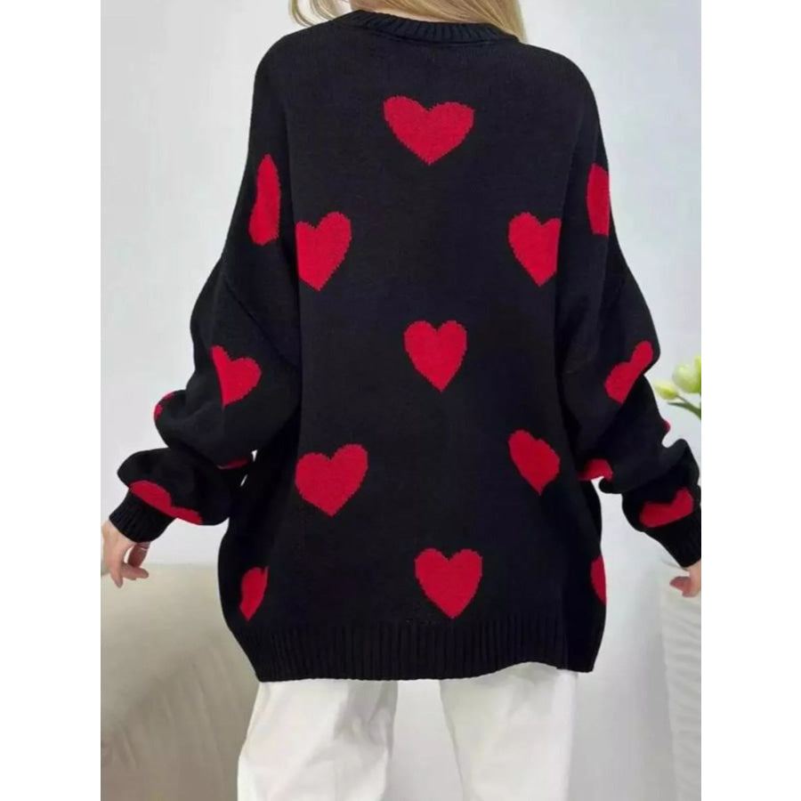 Heart Round Neck Oversized Knit Sweater Apparel and Accessories