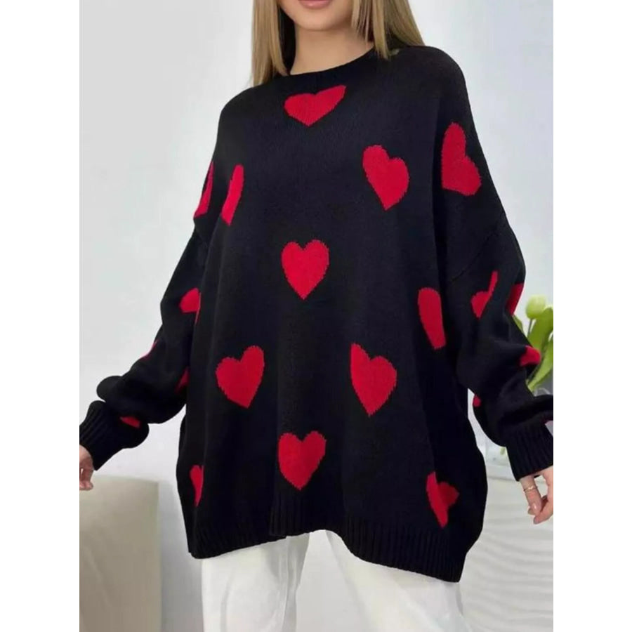Heart Round Neck Oversized Knit Sweater Black / S Apparel and Accessories
