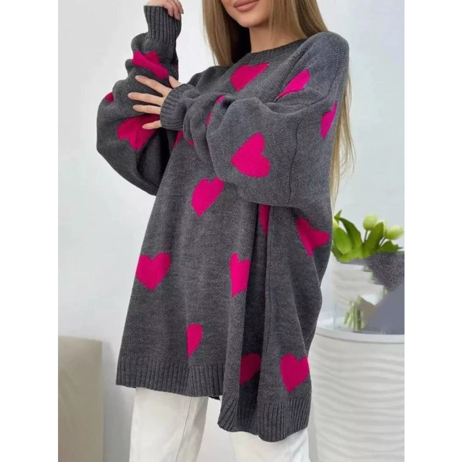 Heart Round Neck Oversized Knit Sweater Dark Gray / S Apparel and Accessories