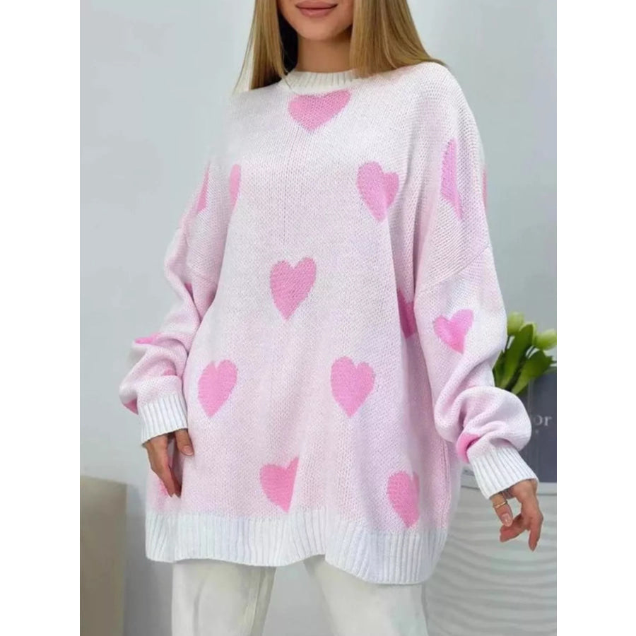 Heart Round Neck Oversized Knit Sweater Pink / S Apparel and Accessories