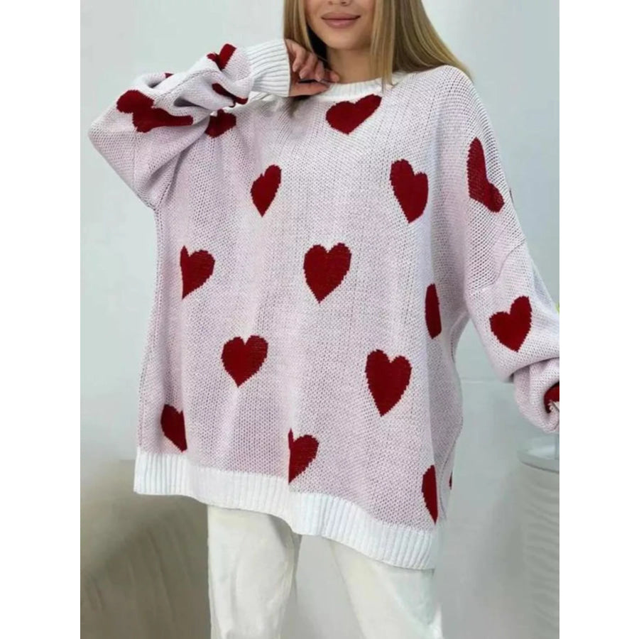 Heart Round Neck Oversized Knit Sweater Red / S Apparel and Accessories