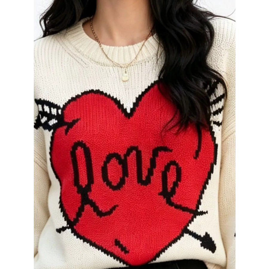 Heart Round Neck Ribbed Sweater Apparel and Accessories