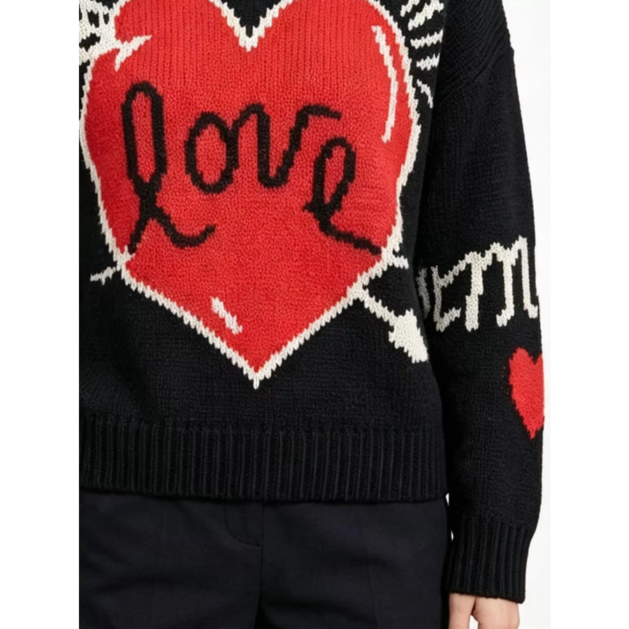 Heart Round Neck Ribbed Sweater Apparel and Accessories