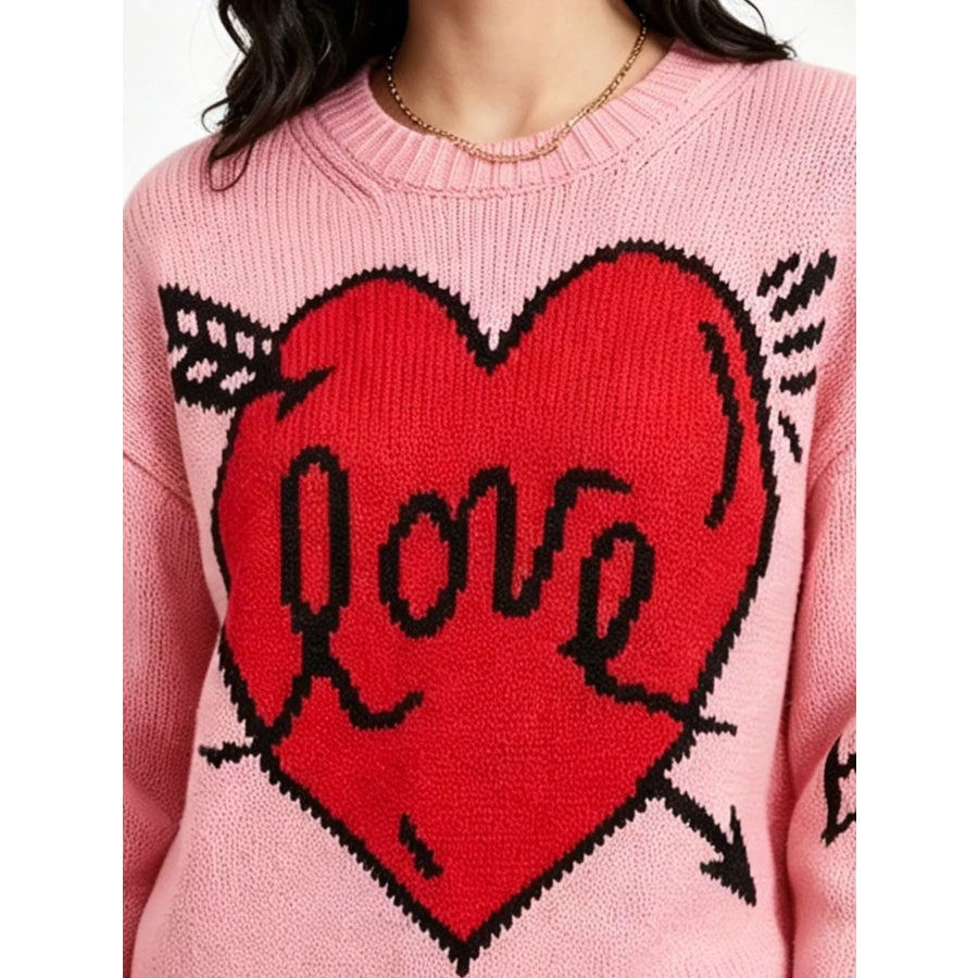 Heart Round Neck Ribbed Sweater Apparel and Accessories