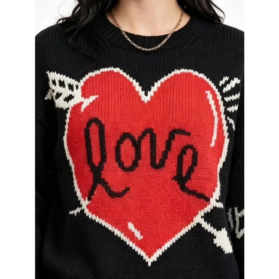 Heart Round Neck Ribbed Sweater Apparel and Accessories