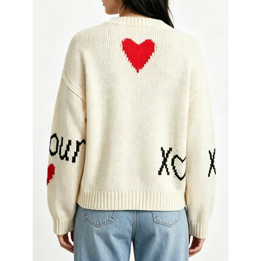 Heart Round Neck Ribbed Sweater Apparel and Accessories