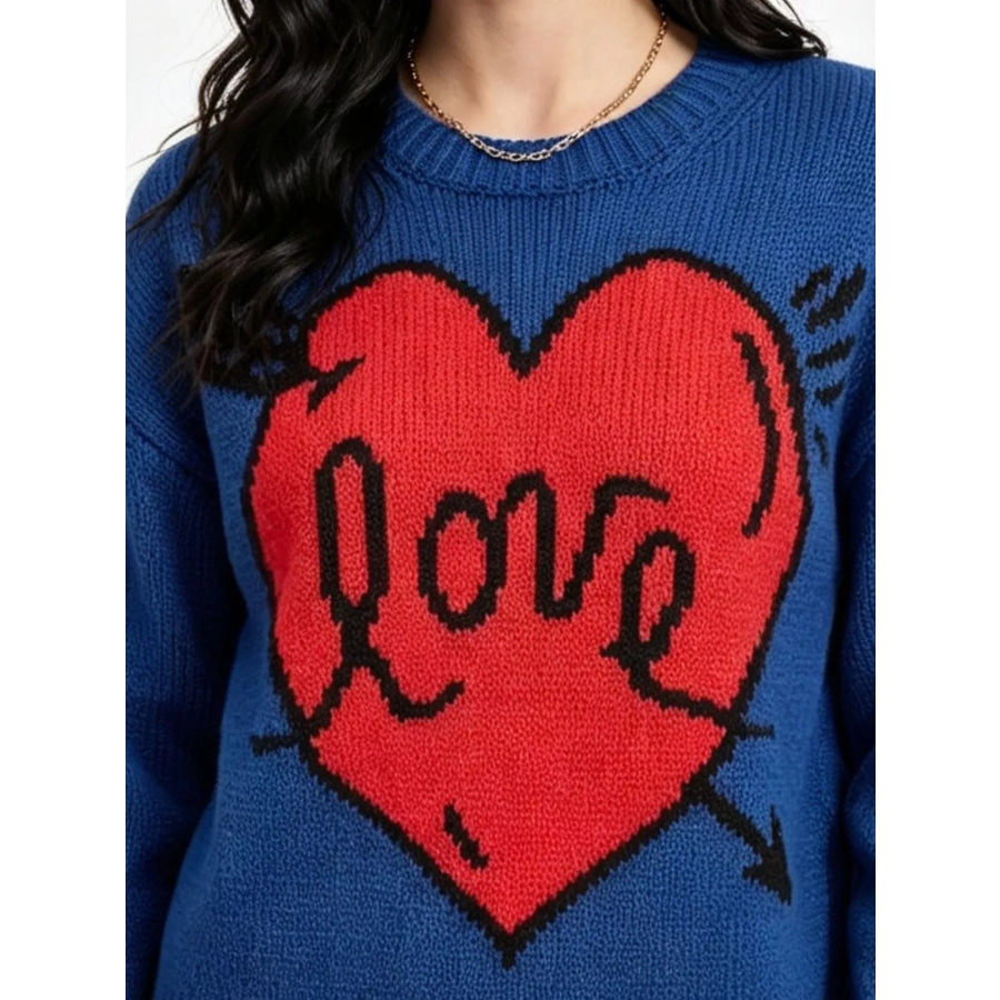 Heart Round Neck Ribbed Sweater Apparel and Accessories