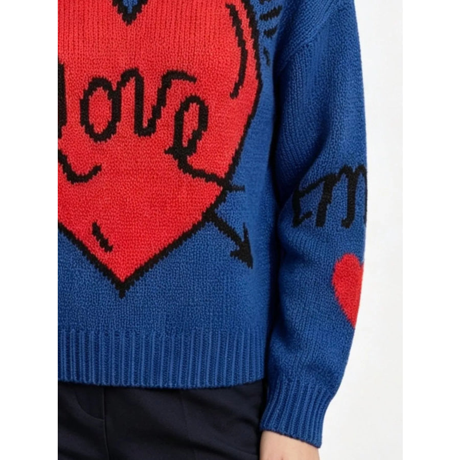 Heart Round Neck Ribbed Sweater Apparel and Accessories