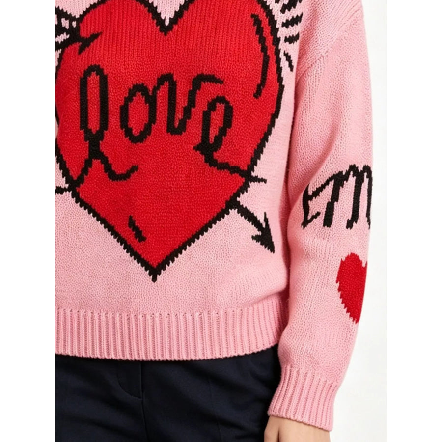 Heart Round Neck Ribbed Sweater Apparel and Accessories