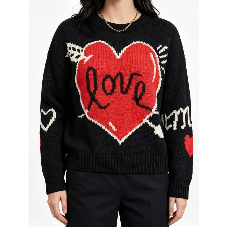 Heart Round Neck Ribbed Sweater Black / S Apparel and Accessories