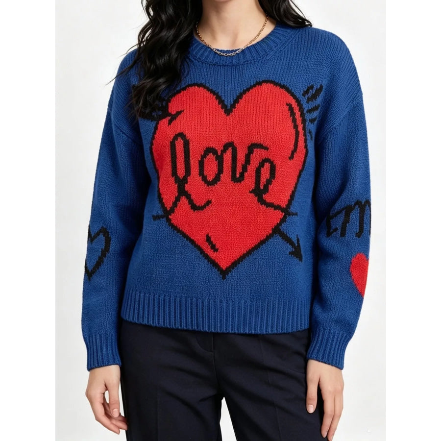 Heart Round Neck Ribbed Sweater Blue / S Apparel and Accessories