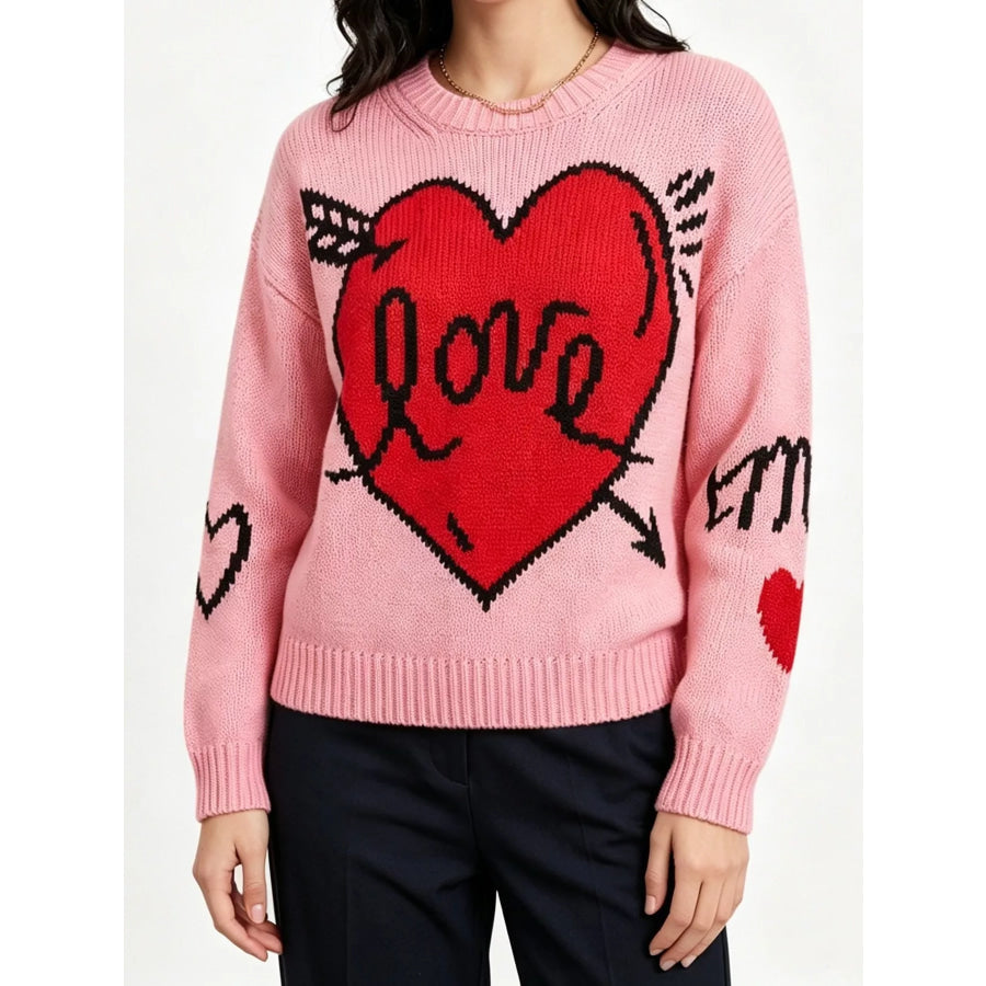 Heart Round Neck Ribbed Sweater Pink / S Apparel and Accessories