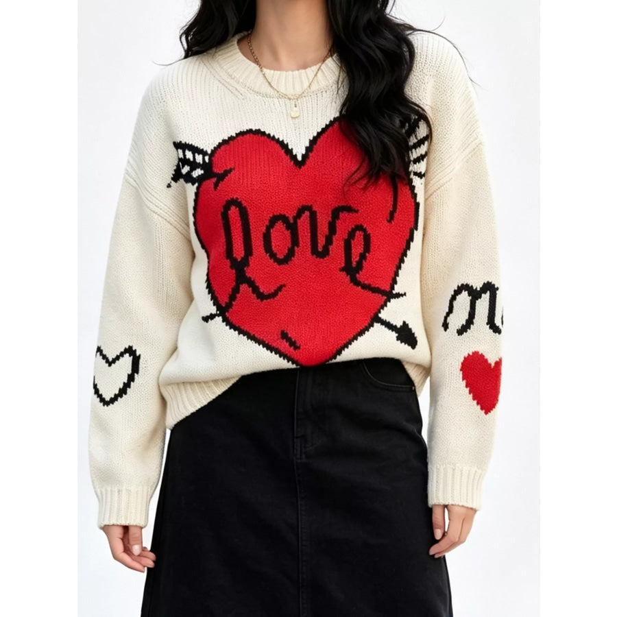 Heart Round Neck Ribbed Sweater White / S Apparel and Accessories