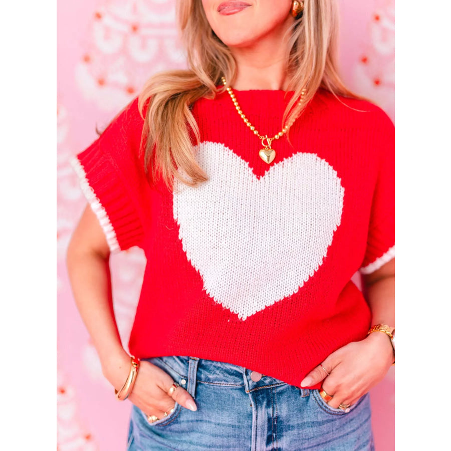 Heart Round Neck Short Sleeve Sweater Apparel and Accessories