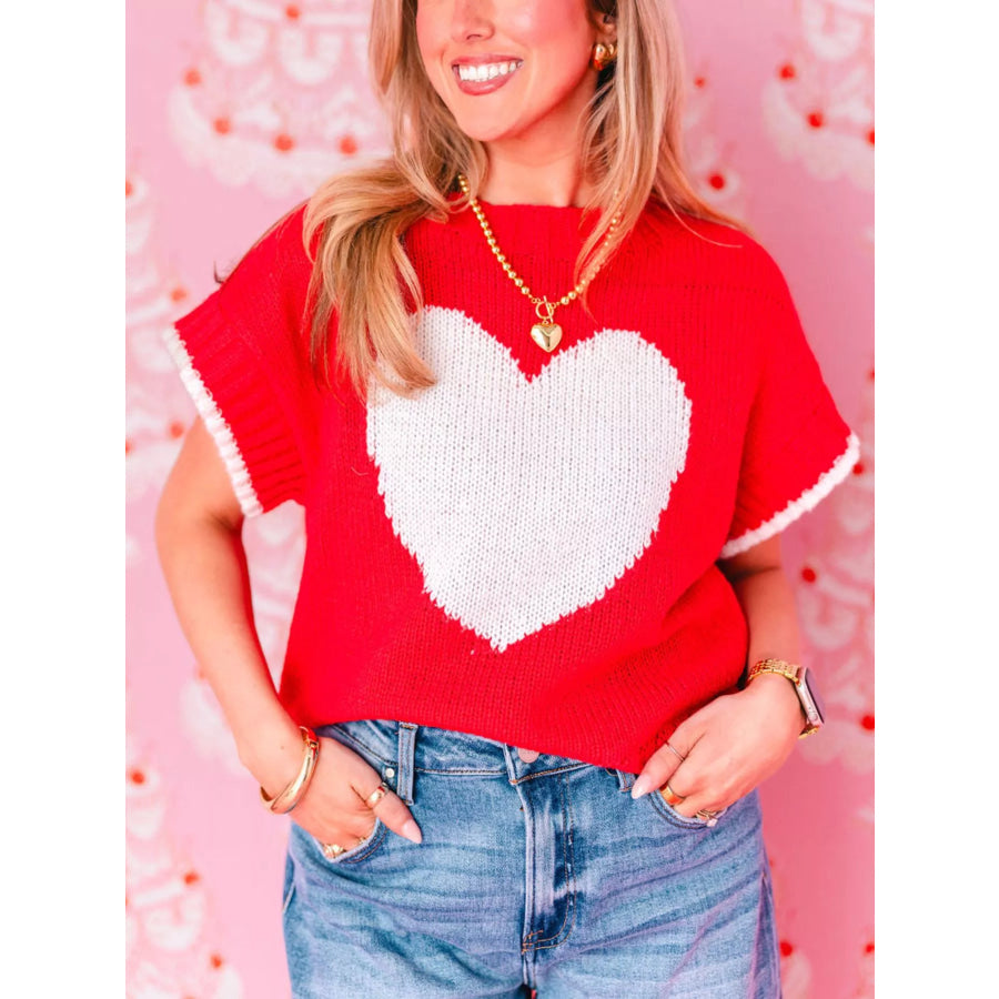 Heart Round Neck Short Sleeve Sweater Red / S Apparel and Accessories
