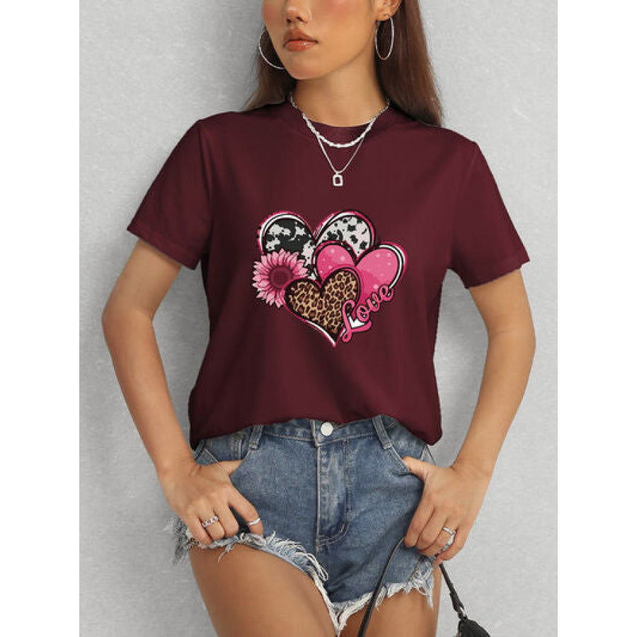 Heart Round Neck Short Sleeve T - Shirt Apparel and Accessories