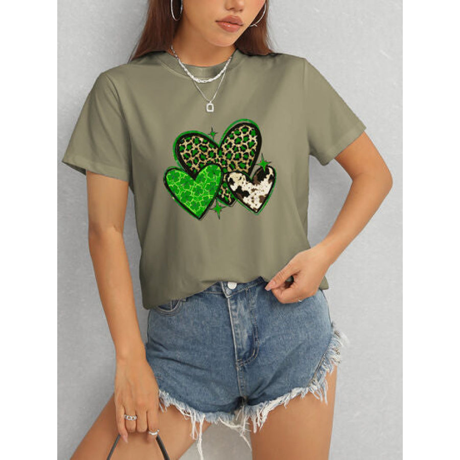 Heart Round Neck Short Sleeve T - Shirt Apparel and Accessories