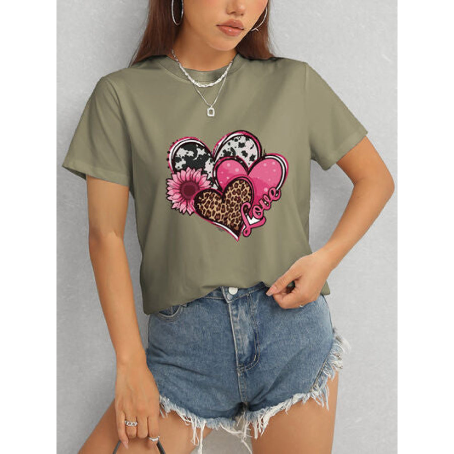 Heart Round Neck Short Sleeve T - Shirt Apparel and Accessories