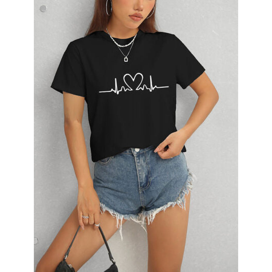 Heart Round Neck Short Sleeve T - Shirt Black / S Apparel and Accessories