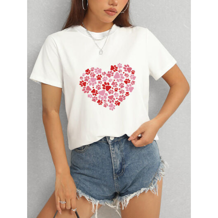 Heart Round Neck Short Sleeve T - Shirt White / S Apparel and Accessories