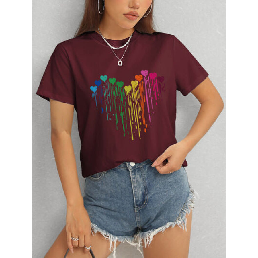 Heart Round Neck Short Sleeve T - Shirt Apparel and Accessories