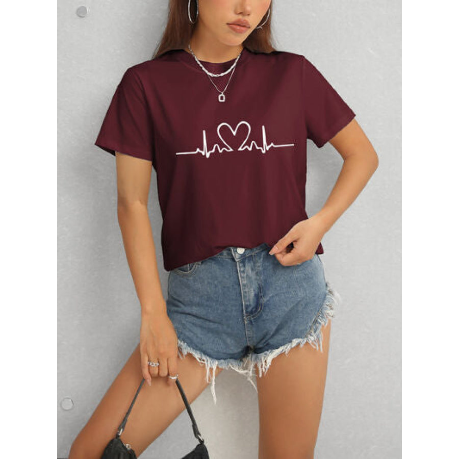 Heart Round Neck Short Sleeve T - Shirt Apparel and Accessories