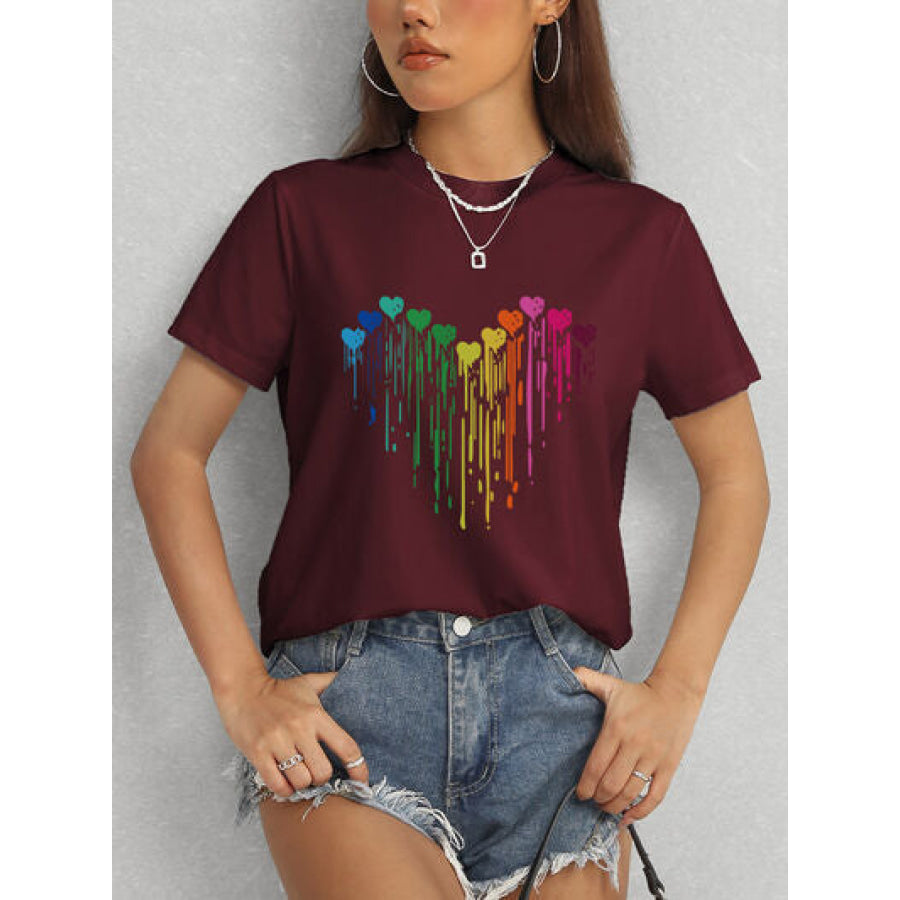 Heart Round Neck Short Sleeve T - Shirt Apparel and Accessories