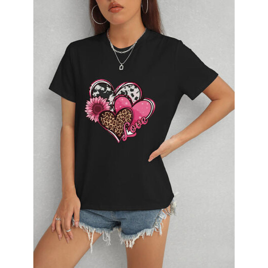 Heart Round Neck Short Sleeve T - Shirt Apparel and Accessories