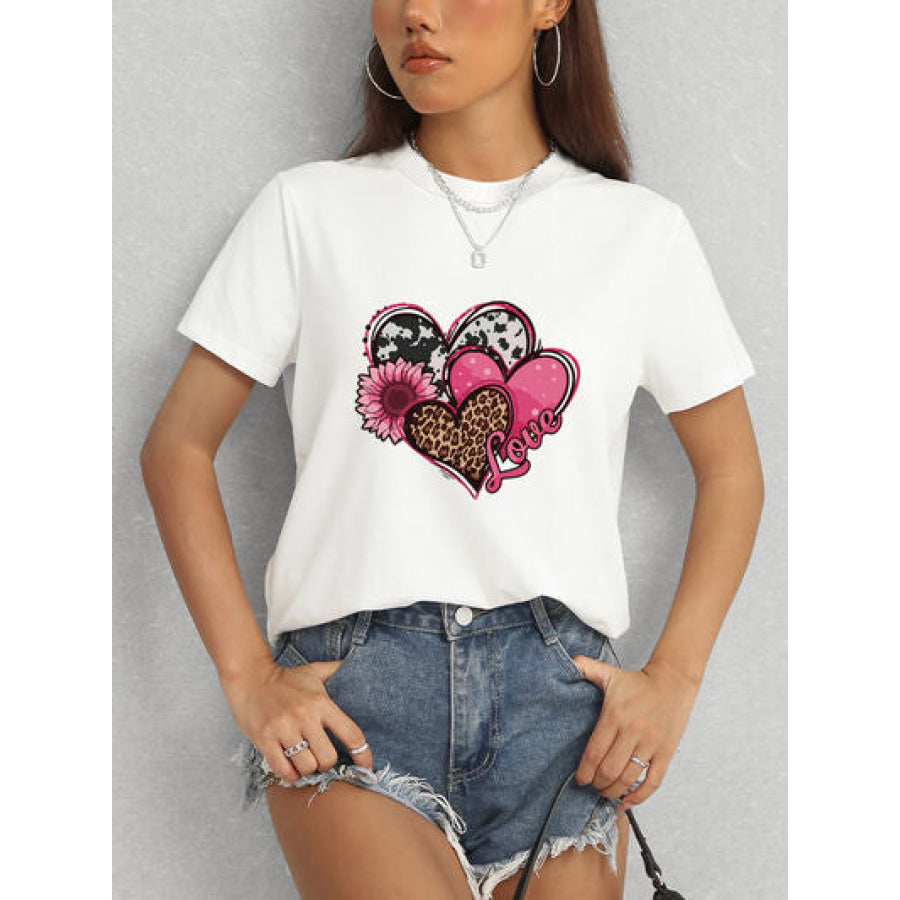 Heart Round Neck Short Sleeve T - Shirt Apparel and Accessories