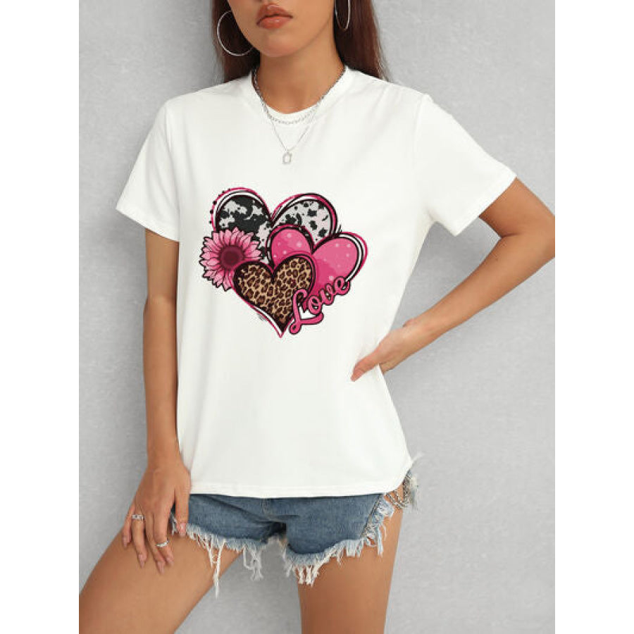 Heart Round Neck Short Sleeve T - Shirt White / S Apparel and Accessories