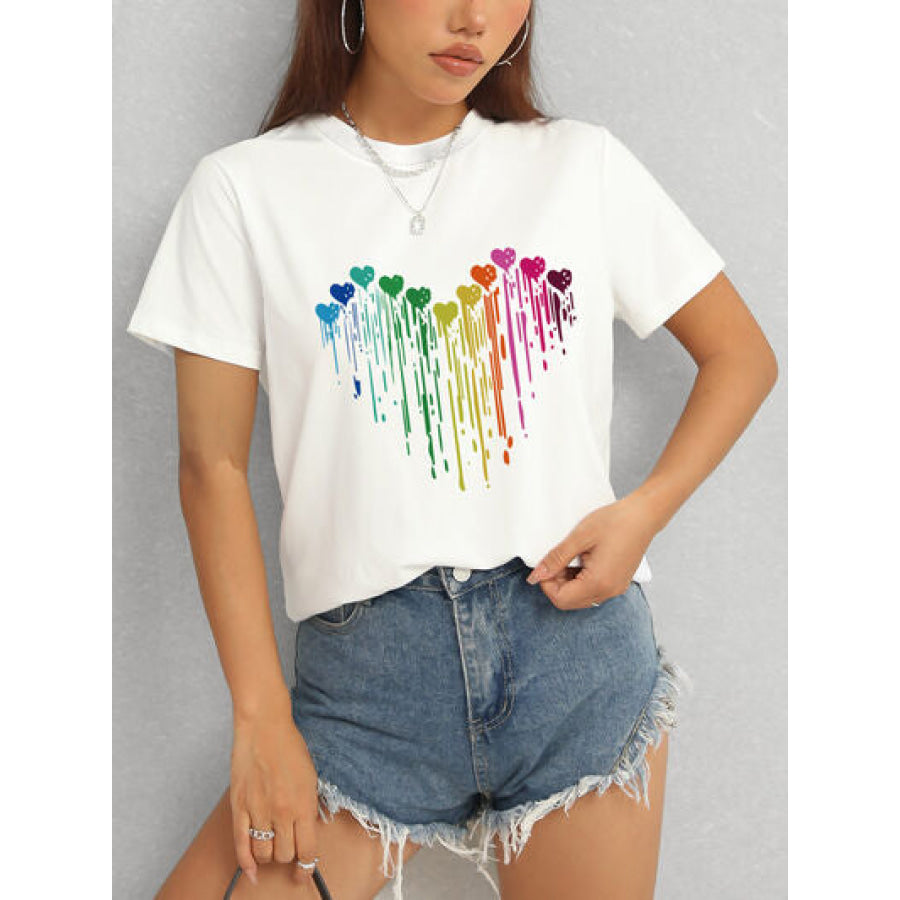 Heart Round Neck Short Sleeve T - Shirt White / S Apparel and Accessories