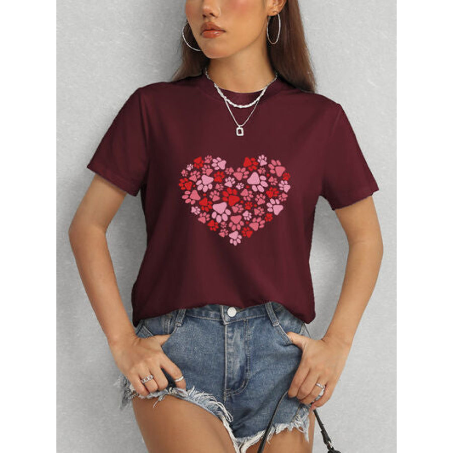 Heart Round Neck Short Sleeve T - Shirt Apparel and Accessories