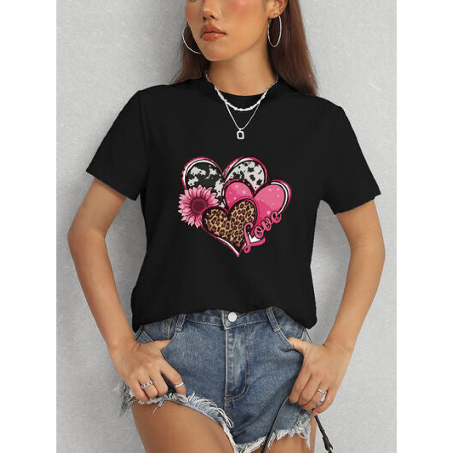 Heart Round Neck Short Sleeve T - Shirt Apparel and Accessories