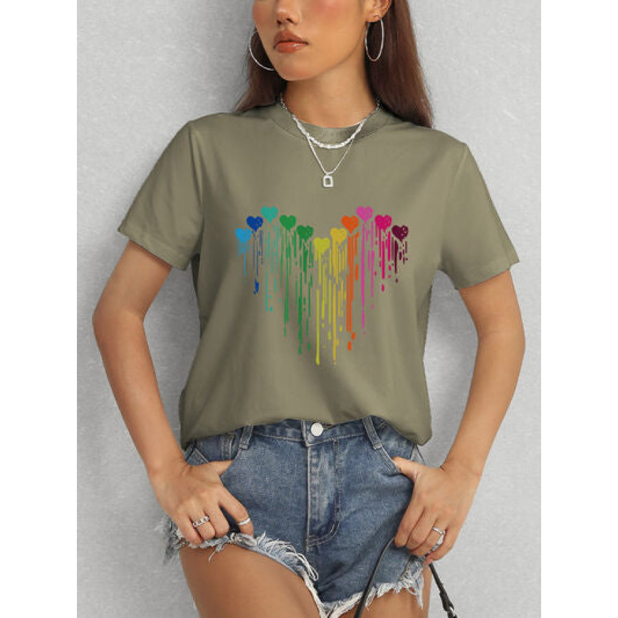 Heart Round Neck Short Sleeve T - Shirt Apparel and Accessories