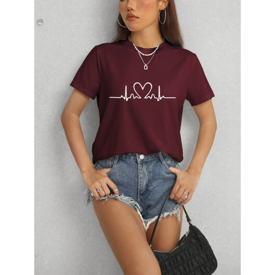 Heart Round Neck Short Sleeve T - Shirt Apparel and Accessories