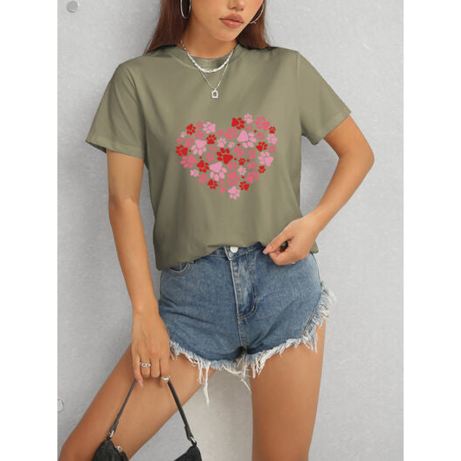 Heart Round Neck Short Sleeve T - Shirt Apparel and Accessories