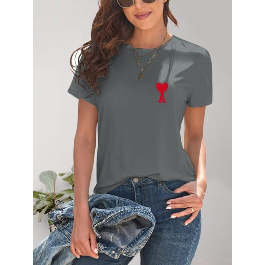 Heart Round Neck Short Sleeve T - Shirt Apparel and Accessories