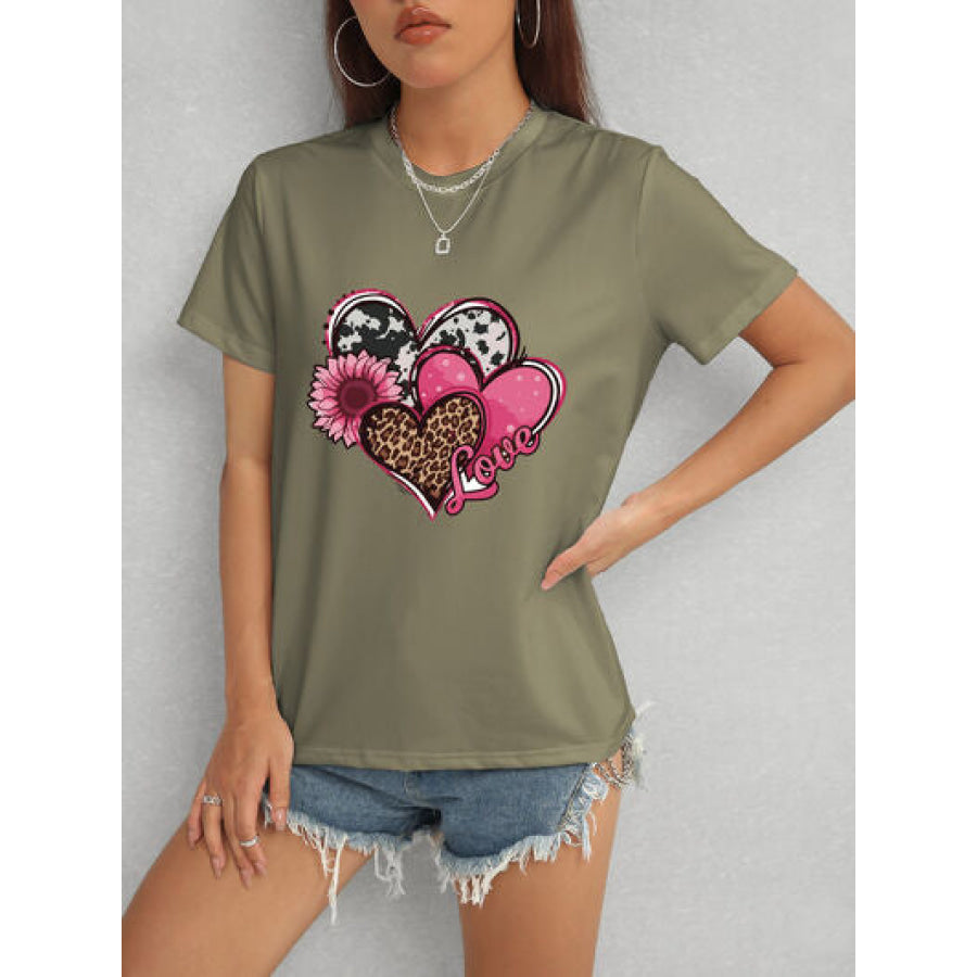 Heart Round Neck Short Sleeve T - Shirt Apparel and Accessories