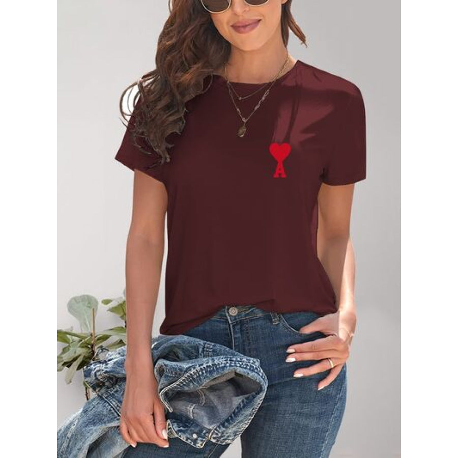 Heart Round Neck Short Sleeve T - Shirt Apparel and Accessories