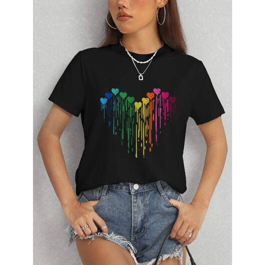 Heart Round Neck Short Sleeve T - Shirt Apparel and Accessories