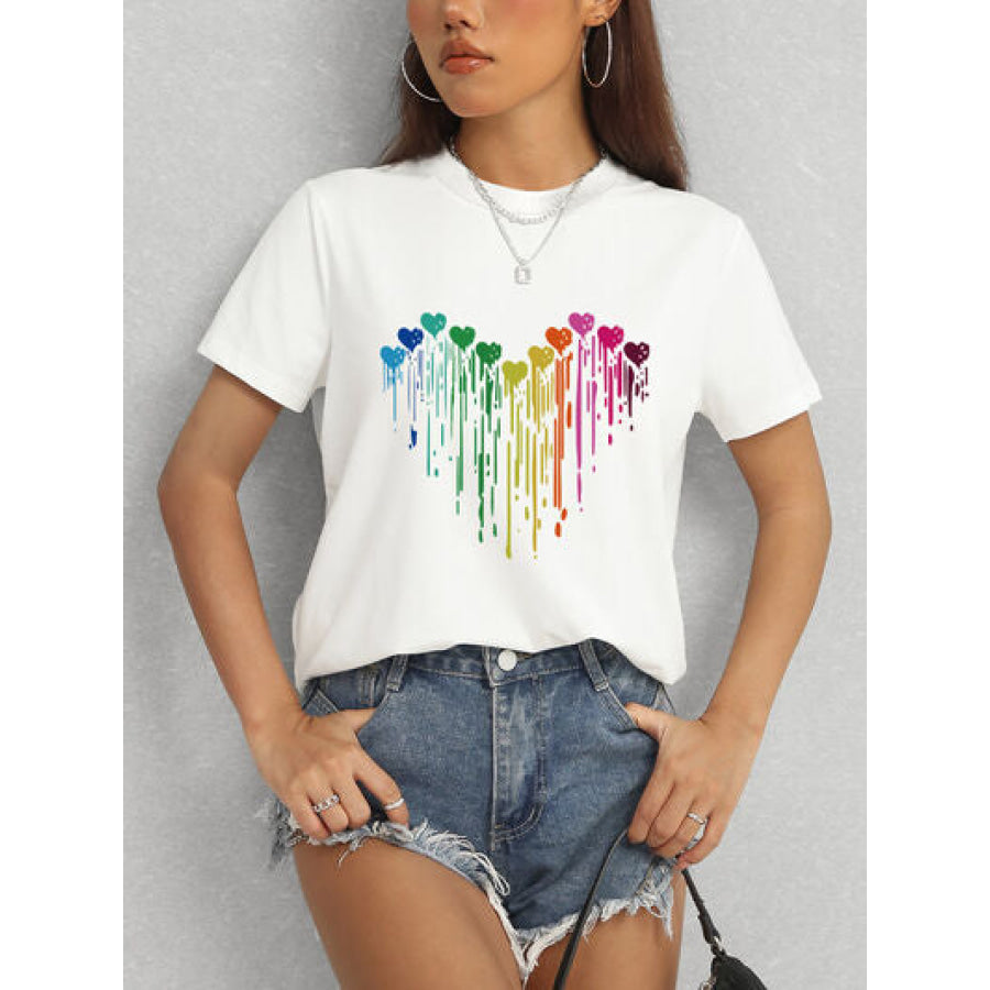 Heart Round Neck Short Sleeve T - Shirt Apparel and Accessories