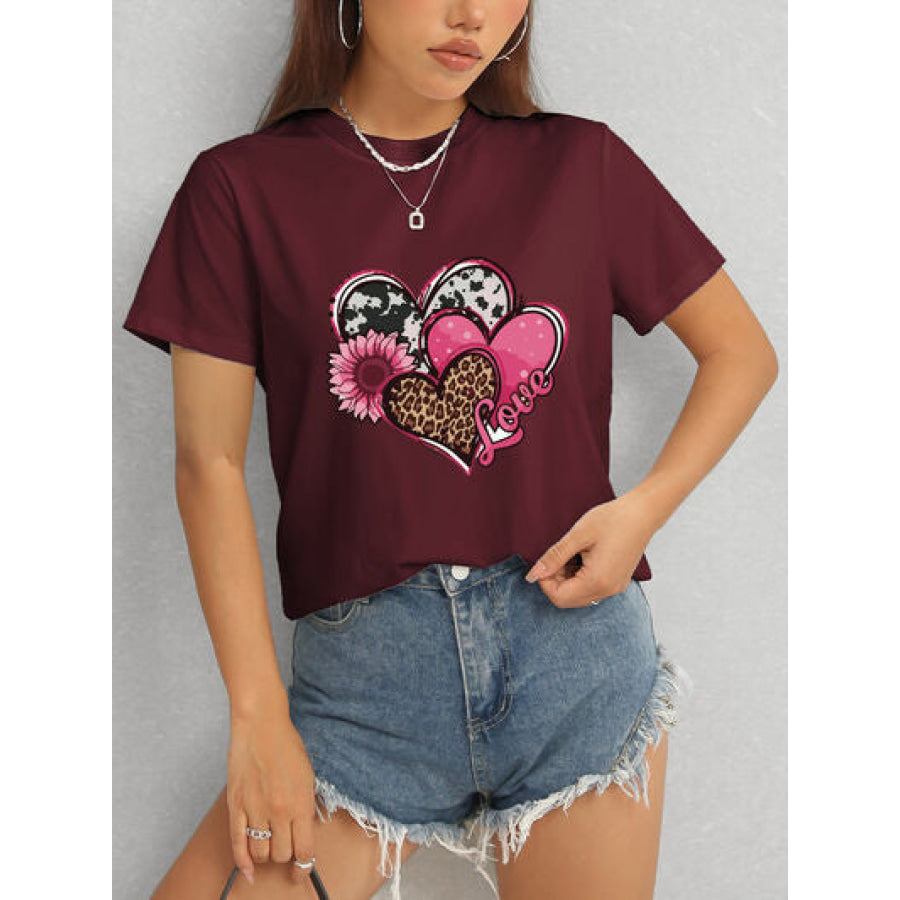 Heart Round Neck Short Sleeve T - Shirt Apparel and Accessories