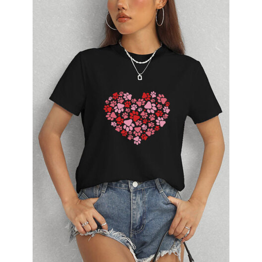 Heart Round Neck Short Sleeve T - Shirt Apparel and Accessories