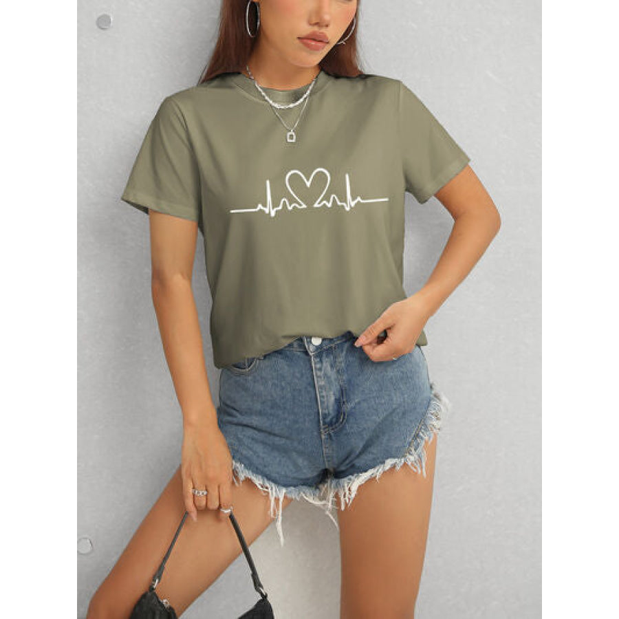 Heart Round Neck Short Sleeve T - Shirt Apparel and Accessories