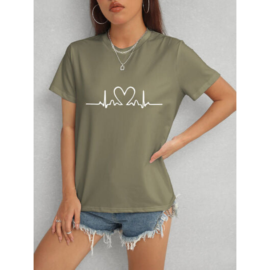 Heart Round Neck Short Sleeve T - Shirt Army Green / S Apparel and Accessories