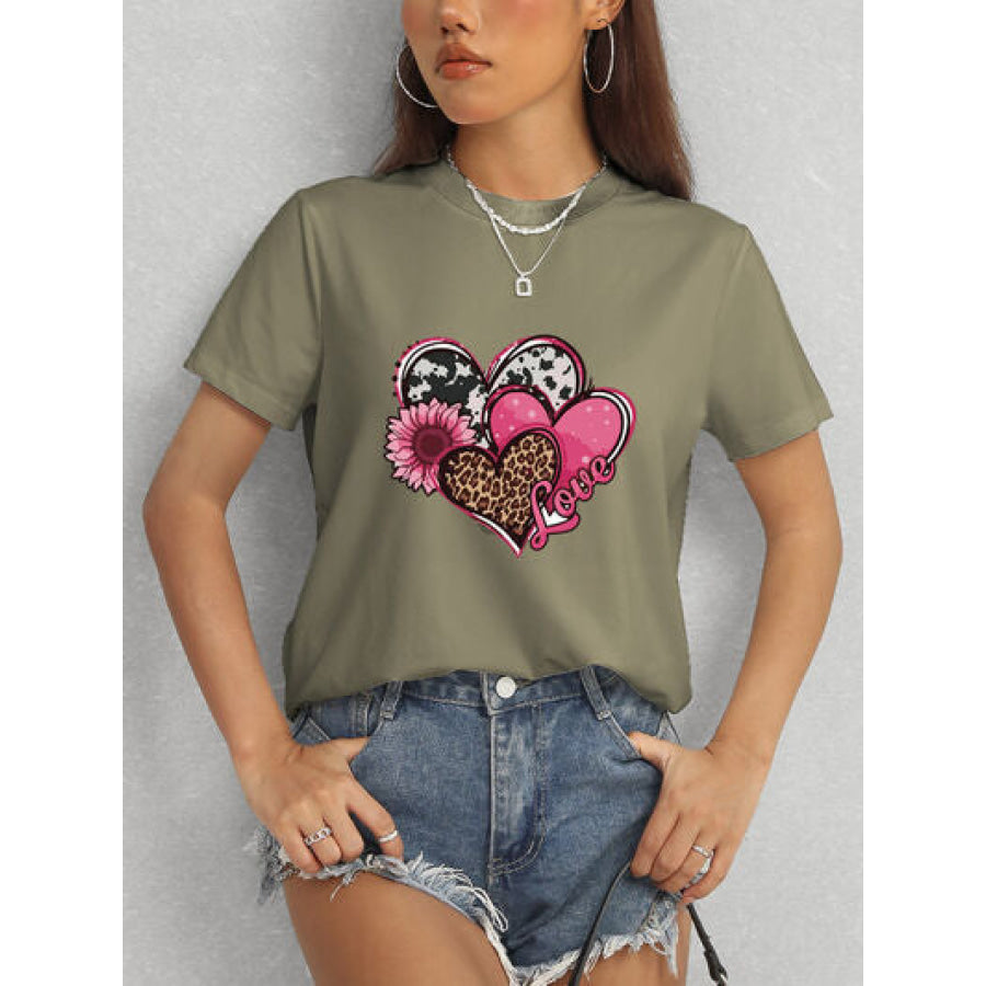 Heart Round Neck Short Sleeve T - Shirt Army Green / S Apparel and Accessories